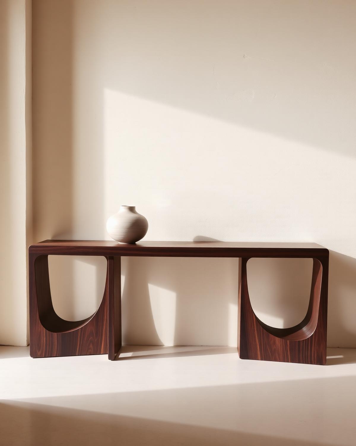 Console sculpturale en noyer dans un projet d'architecture intérieure