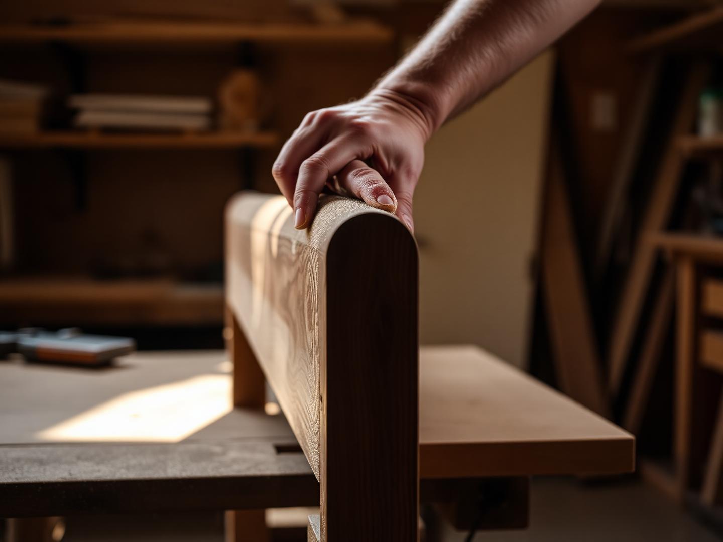 Mains d'artisan façonnant une pièce courbe en noyer à l'atelier